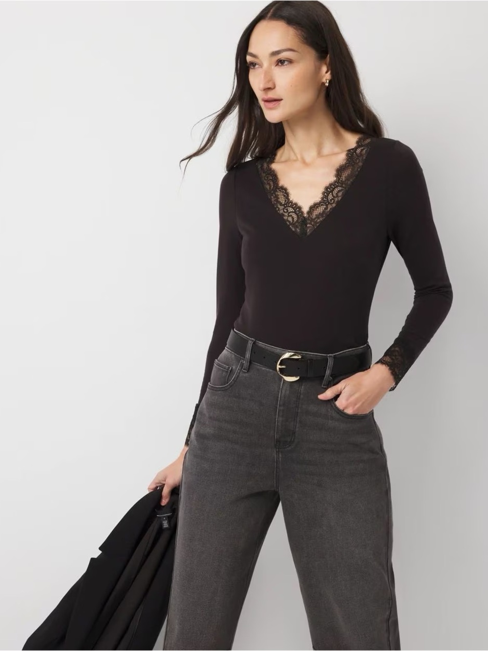 White House Black Market Long-Sleeve Lace Trim V-Neck Top - Black